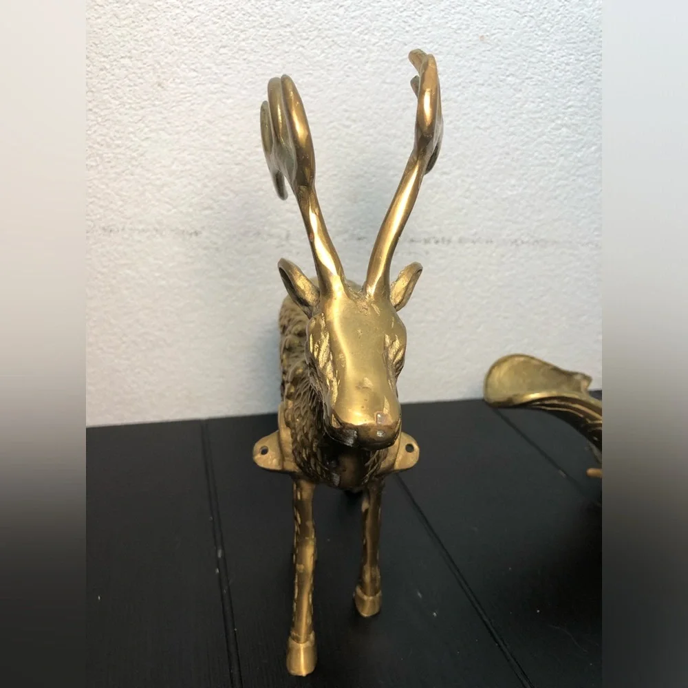 VINTAGE  LARGE BRASS REINDEER SLEIGH CHERUB SET CHRISTMAS HEAVY